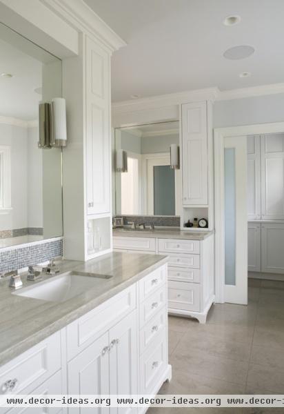 painted face-frame cabinets, mosaic tile, marble counters, frosted glass doors - traditional - bathroom - san francisco