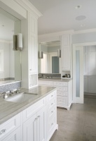 painted face-frame cabinets, mosaic tile, marble counters, frosted glass doors - traditional - bathroom - san francisco