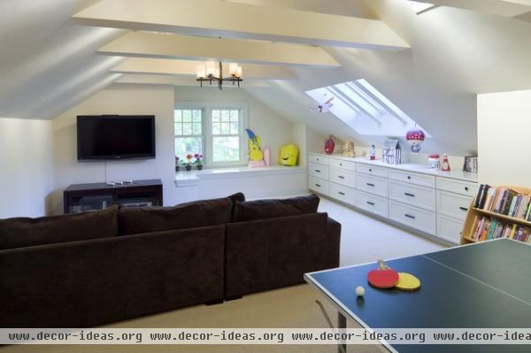 Shingle Style Attic Play Area - contemporary - media room - boston