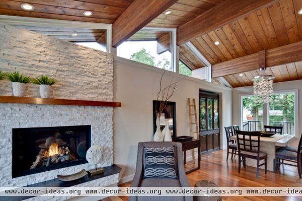 Fireplace in Great Room with wood paneled ceiling - traditional - living room - vancouver