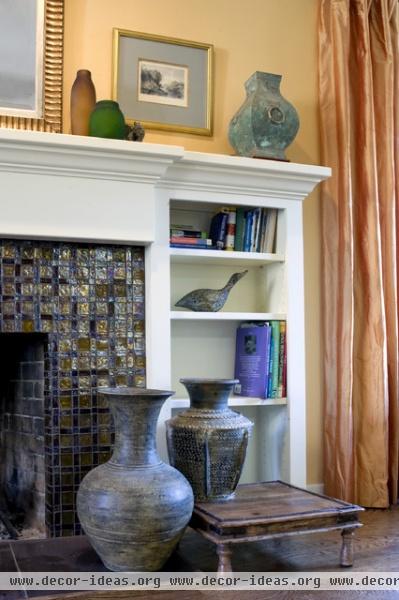 Fireplace with glass tile and custom wood mantel - traditional - family room - san francisco