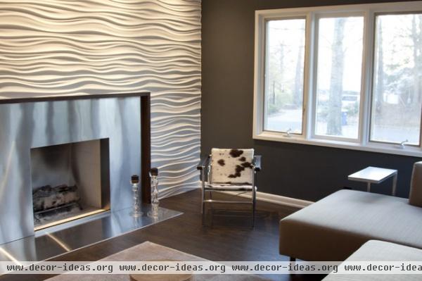 Stainless Steel Fireplace and modularArts wall - modern - media room - other metro