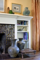 Fireplace with glass tile and custom wood mantel - traditional - family room - san francisco