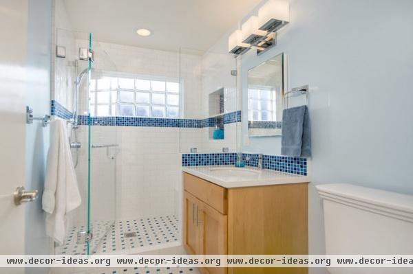 Blue and White Bathroom with Glass Block - traditional - bathroom - san francisco