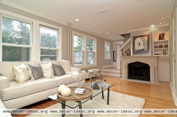 Grey/Gray And White Living Room With Marble Fireplace - traditional - living room - minneapolis