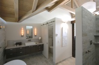 Master bathroom toilet closet with contemporary sliding barn door - contemporary - bathroom - seattle