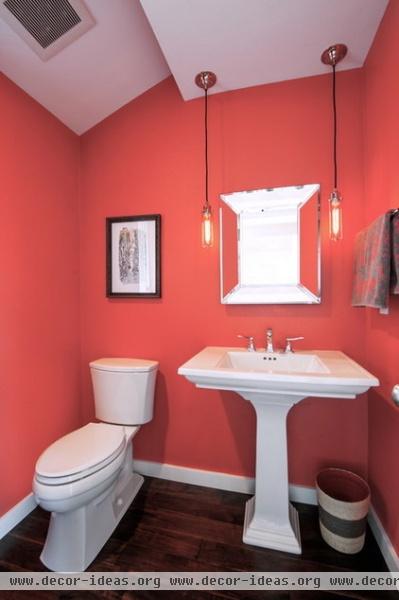 transitional powder room by Kayron Brewer, CKD, CBD / Studio K B