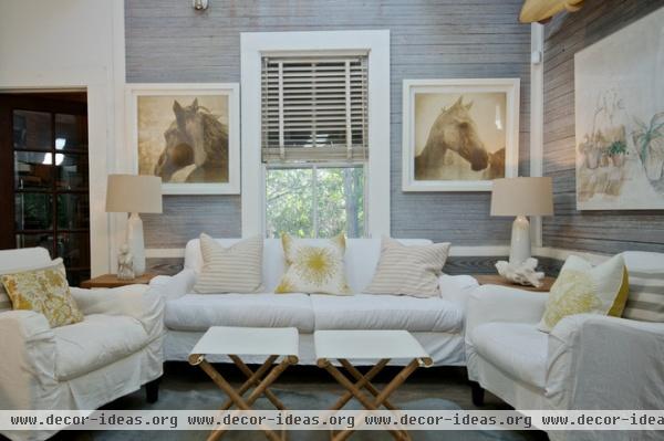 beach style family room by Starr Sanford Design