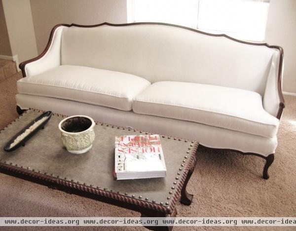 contemporary living room madebygirl- french provincial sofa re-upholstered