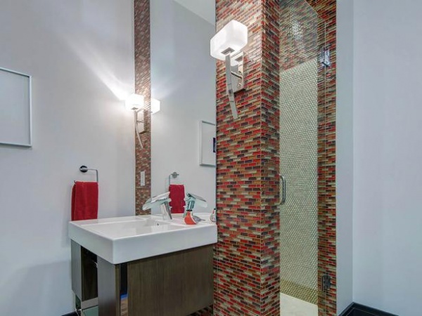 Bathroom with Red Mosaic Tile and Floating Sink : Designers' Portfolio