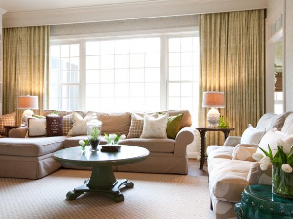 Neutral Traditional Living Room with Green Accents : Designers' Portfolio