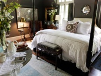 Bedroom with White Bed Linens and Dark Wood Two Poster Bed : Designers' Portfolio