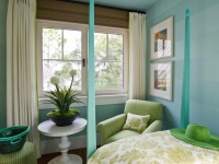 Kids Room with Floor-to-Ceiling Curtains and Turquoise Walls : Designers' Portfolio