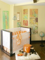 Unisex Nursery with Orange Bedding and White Crib with Dark Wood Trim : Designers' Portfolio