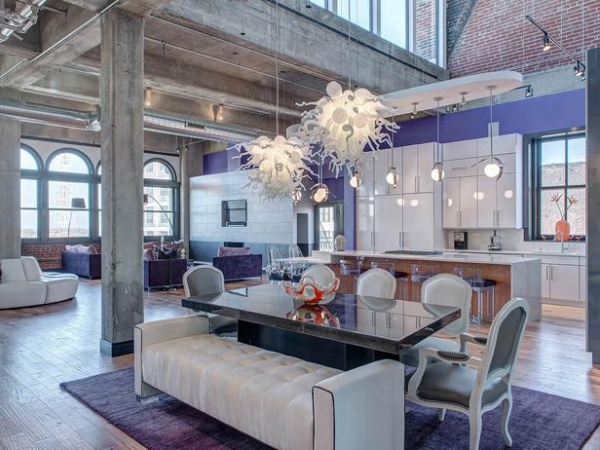 Chic Loft Dining Room and Kitchen with Purple Accent Wall : Designers' Portfolio