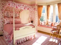 Romantic Pink Girl's Bedroom With Canopy Bed & Pink Gingham Area Rug : Designers' Portfolio