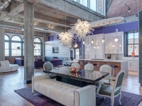 Chic Loft Dining Room and Kitchen with Purple Accent Wall : Designers' Portfolio