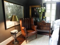 Bedroom features a Leather Chair with Brass Floor Lamp and Gray Painted Walls : Designers' Portfolio