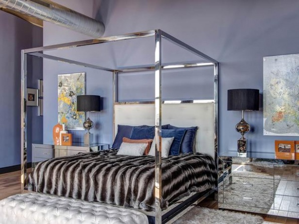 Purple Loft Bedroom- Canopy Bed with Mirrored Nightstands : Designers' Portfolio