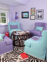 Bright and Fun Girls Bedroom with Purple Walls, Blue and Purple Chairs with Game Table and Zebra Rug : Designers' Portfolio