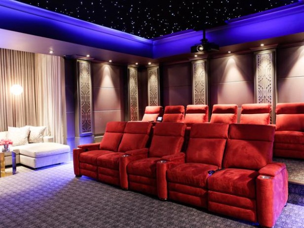 Home Theater with Red Upholstered Theater Style Seating with Blue Lighting : Designers' Portfolio