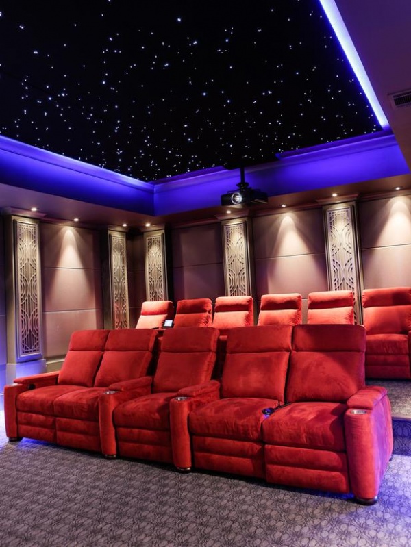 Home Theater Ceiling Mimics thae Night Sky Accented with Blue LIghting : Designers' Portfolio