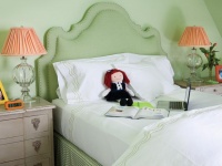 Girls Bedroom in Bright Green with White Bedding and Orange Lampshades : Designers' Portfolio
