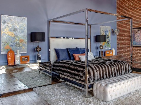 Chic Loft Bedroom with Chrome Four-Poster Canopy Bed : Designers' Portfolio