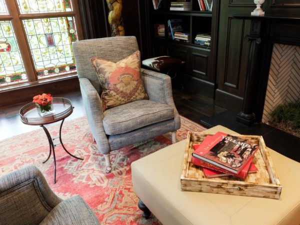 Traditional Library with Stained Glass Window and Gray Armchair : Designers' Portfolio