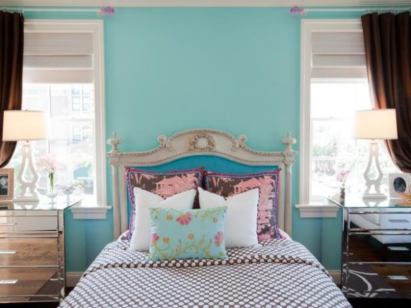 Blue Bed with Polka Dot Bedspread and Mirror Tables : Designers' Portfolio