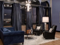 Navy Drapes and Dark Furniture in Bedroom Sitting Area : Designers' Portfolio