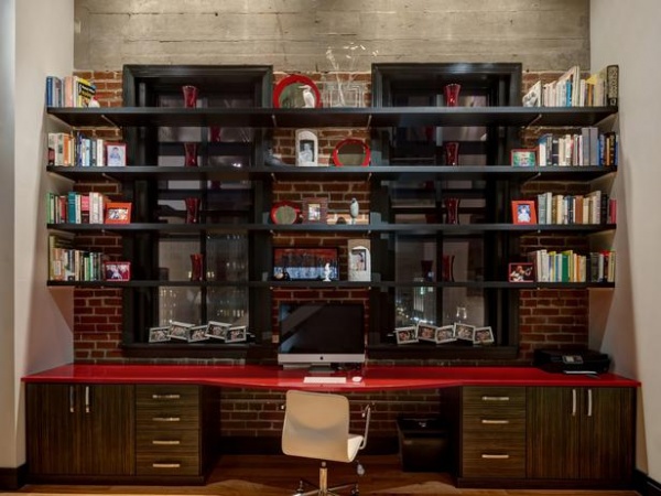 Home Office with Brick and Cement Walls and Red Counter : Designers' Portfolio