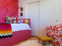 Pink Paisley Wallpaper And Floral Chair in Bedroom : Designers' Portfolio