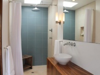 Wood Vanity and Blue Shower Tiles in Modern Bathroom : Designers' Portfolio