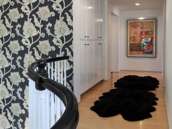 Black Faux Fur Rug in Hallway With Black Wallpaper : Designers' Portfolio