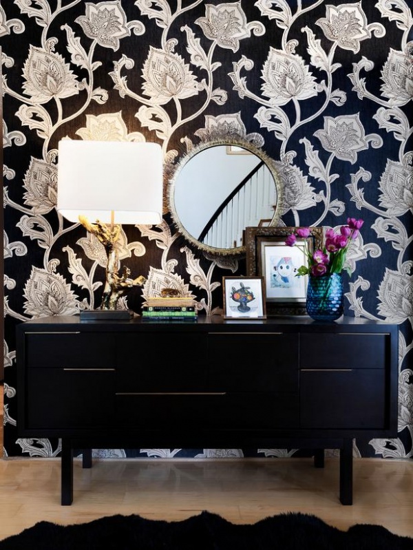 Black and White Print Wallpaper in Eclectic Entry : Designers' Portfolio