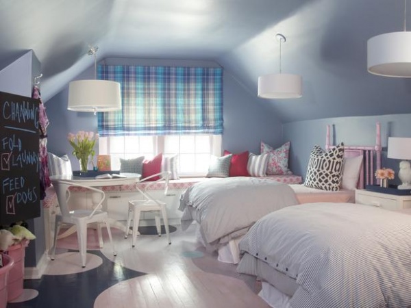 Kids Attic Bedroom With Blue Walls And Plaid Curtains