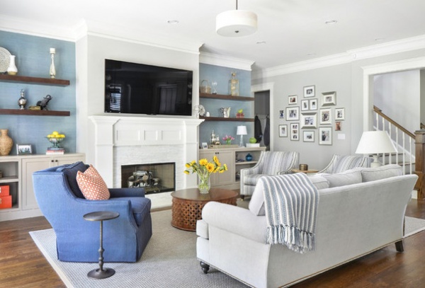 Transitional Family Room by Rachel Oliver Design, LLC